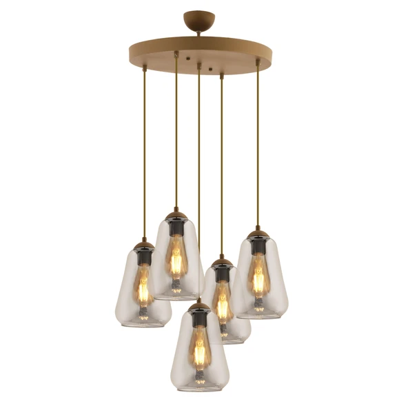 Apliqa Rita 5'li Yuvarlak Eskitme Füme Camlı Modern Salon Sarkıt Avize - Resim 2