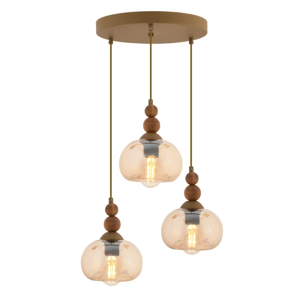 Apliqa Vinta 3'lü Yuvarlak Eskitme Ahşap Detaylı Bohem Salon Sarkıt Avize - Resim 2