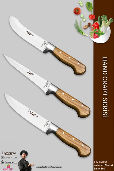 LAZBİSA Hand Craft Mutfak Bıçak Seti Et Ekmek Sebze Bıçağı 3 Lü Set Günlük Kullanım ( Mtf-033 )