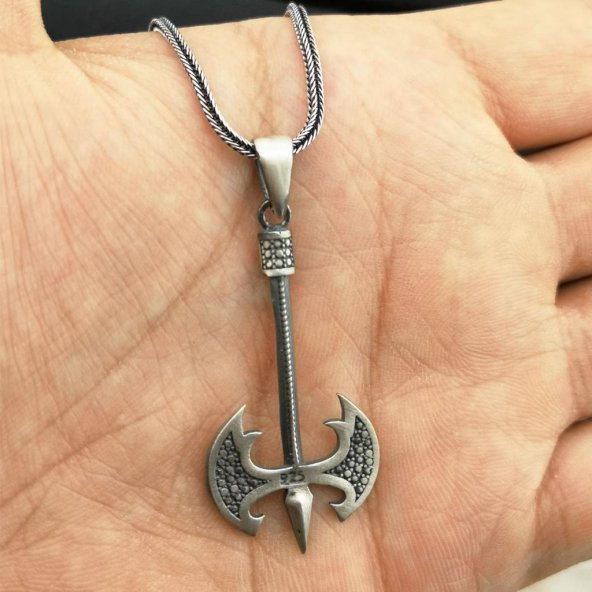 Özel Balta Tasarımlı Kalın Zincirli 925 Ayar Gümüş Kolye - Resim 2