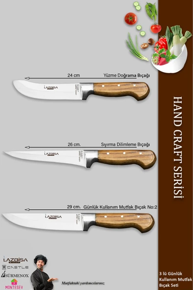 LAZBİSA Hand Craft Mutfak Bıçak Seti Et Ekmek Sebze Bıçağı 3 Lü Set Günlük Kullanım ( Mtf-033 ) - 2