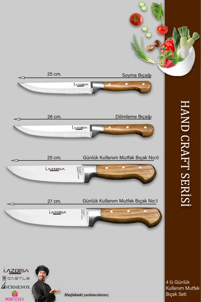 LAZBİSA Hand Craft Mutfak Bıçak Seti Et Ekmek Sebze Bıçağı 4 Lü Set Günlük Kullanım ( Mtf-036 ) - 2