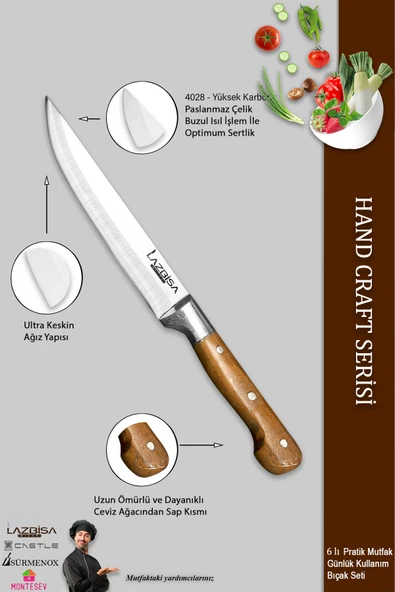 LAZBİSA Hand Craft Mutfak Bıçak Seti Et Ekmek Sebze Meyve Bıçağı 6 Lı Set Günlük Kullanım ( Mtf-001 ) - 3