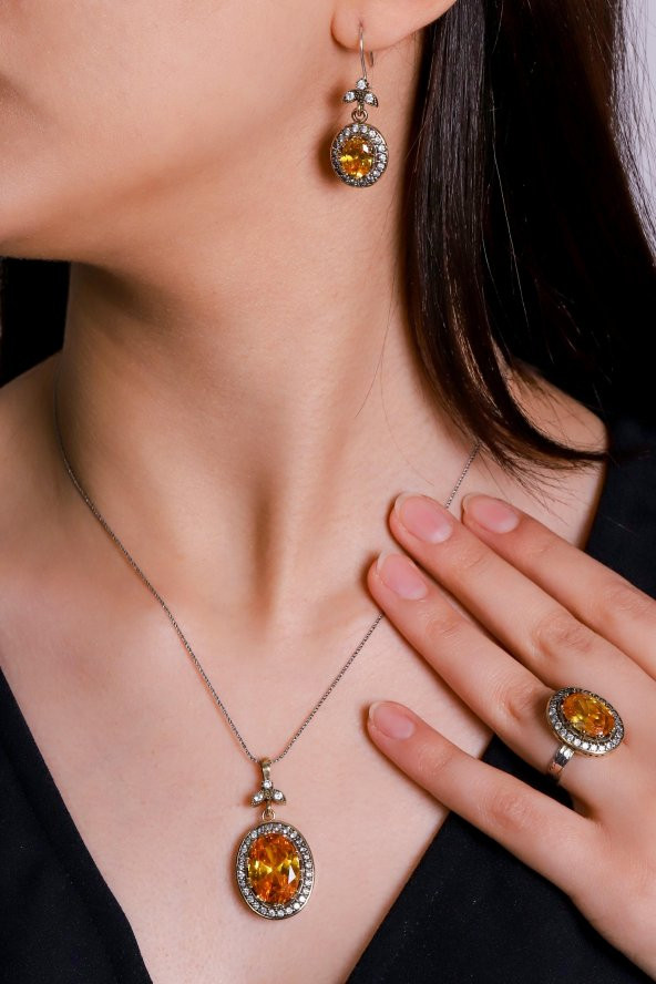 Gümüş Sarı Sitrin Taşlı Üçlü Otantik Bayan Set Takı