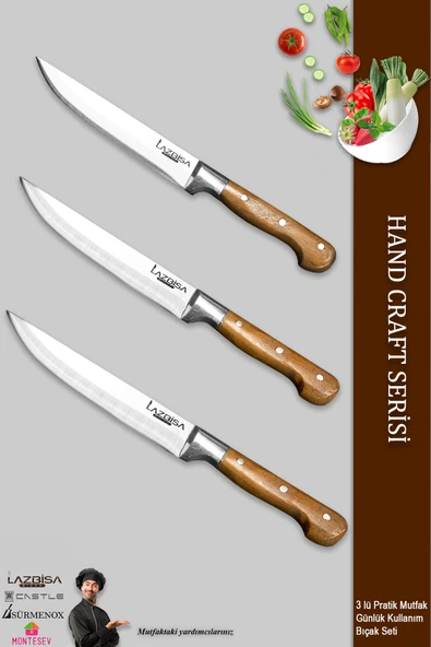LAZBİSA Hand Craft Mutfak Bıçak Seti Et Ekmek Sebze Bıçağı 3 Lü Set Günlük Kullanım ( Mtp-270 )