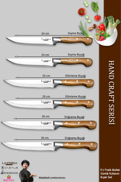 LAZBİSA Hand Craft Mutfak Bıçak Seti Et Ekmek Sebze Meyve Bıçağı 6 Lı Set Günlük Kullanım ( Mtf-001 ) - 2
