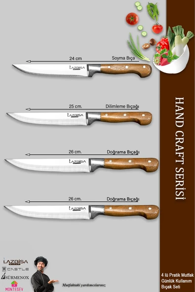 LAZBİSA Hand Craft Mutfak Bıçak Seti Et Ekmek Sebze Meyve Doğrama Bıçağı 4 Lü Günlük Kullanım ( Mtf-050 ) - 2