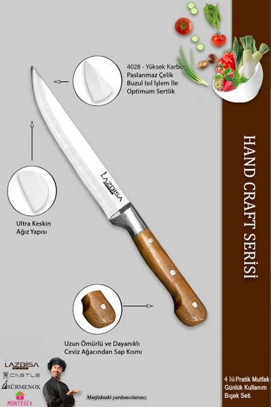 LAZBİSA Hand Craft Mutfak Bıçak Seti Et Ekmek Sebze Meyve Doğrama Bıçağı 4 Lü Günlük Kullanım ( Mtf-050 ) - 3