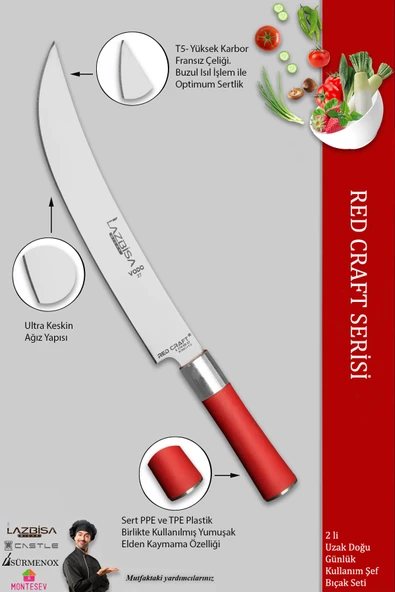 LAZBİSA Red Craft Serisi Mutfak Şef Bıçak Seti Et Tavuk Balık Bıçağı Günlük Kullanım (MFT-127) - 3