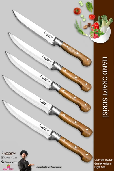 LAZBİSA Hand Craft Mutfak Bıçak Seti Et Ekmek Sebze Meyve Doğrama Bıçağı 5 Li Günlük Kullanım ( Mtf-051 )