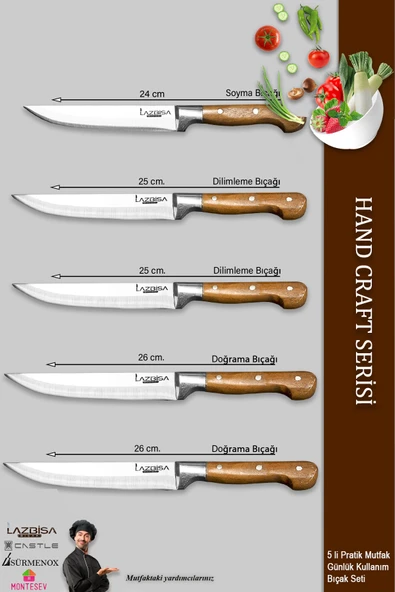 LAZBİSA Hand Craft Mutfak Bıçak Seti Et Ekmek Sebze Meyve Doğrama Bıçağı 5 Li Günlük Kullanım ( Mtf-051 ) - 2