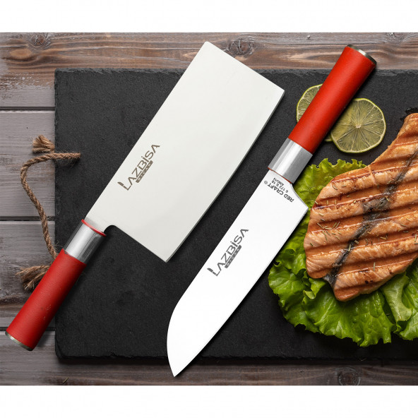 LAZBİSA Mutfak Bıçak Seti Et Kıyma Sebze Meyve Şef Bıçak Çin Satırı Santaku 2Li Set