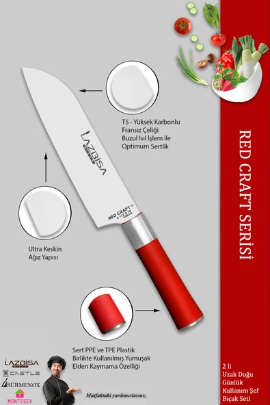LAZBİSA Red Craft Serisi Mutfak Şef Bıçak Seti Et Ekmek Sebze Bıçağı Günlük Kullanım (MFT-472) - 3