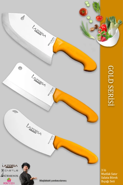 LAZBİSA Gold Serisi Pide Börek Mutfak Bıçağı Salata Pizza Bıçak Kıyma Et Satırı Doğrama 3 Lü Set ( Mft-002 )