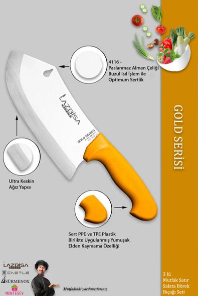 LAZBİSA Gold Serisi Pide Börek Mutfak Bıçağı Salata Pizza Bıçak Kıyma Et Satırı Doğrama 3 Lü Set ( Mft-002 ) - 3