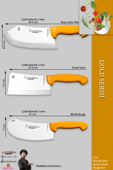 LAZBİSA Gold Serisi Pide Börek Mutfak Bıçağı Salata Pizza Bıçak Kıyma Et Satırı Doğrama 3 Lü Set ( Mft-002 ) - 2