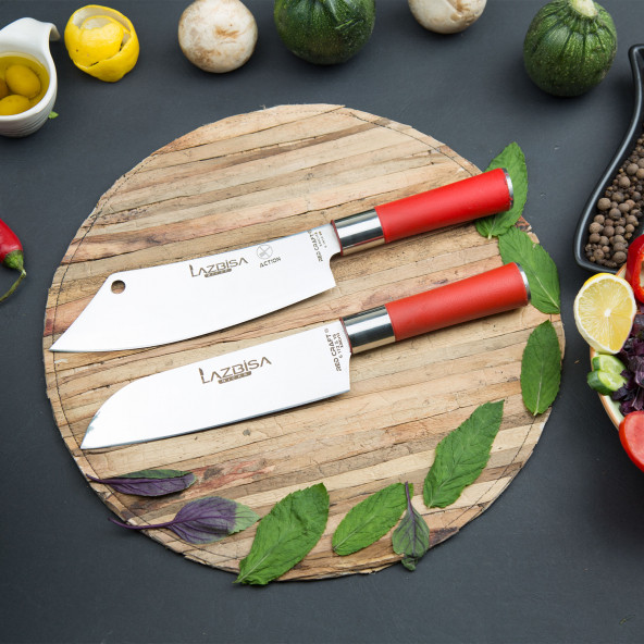 LAZBİSA Mutfak Bıçak Seti Et Kıyma Sebze Meyve Şef Bıçak Action Santaku 2Li Set