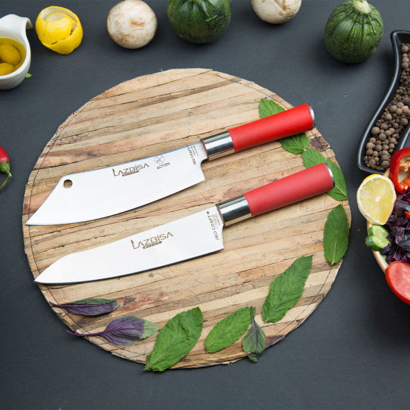 LAZBİSA Mutfak Bıçak Seti Et Kıyma Sebze Meyve Şef Bıçak Action Santaku 2Li Set