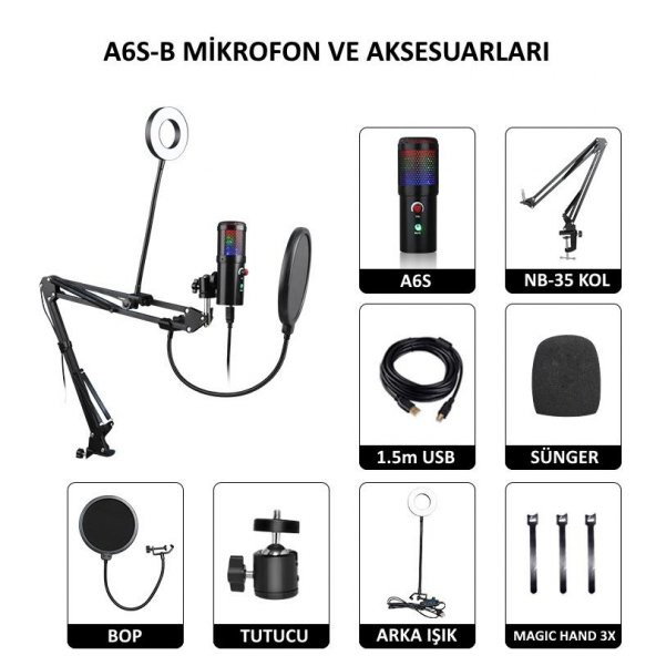 WellSound A6S-B Profesyonel Uzaktan Eğitim-Yayıncı Mikrofon Seti Işıklı - 3