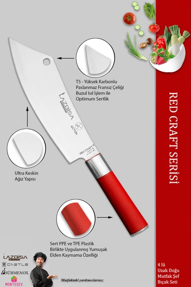 LAZBİSA Red Craft Serisi Mutfak Şef Bıçak Seti Et Ekmek Sebze Şef Bıçağı 4 Lü Set Günlük Kullanım (MFT-271) - 3
