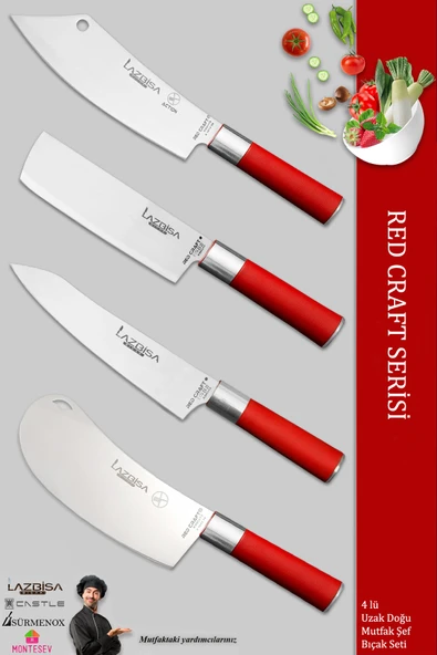 LAZBİSA Red Craft Serisi Mutfak Şef Bıçak Seti Et Ekmek Sebze Şef Bıçağı 4 Lü Set Günlük Kullanım (MFT-271)