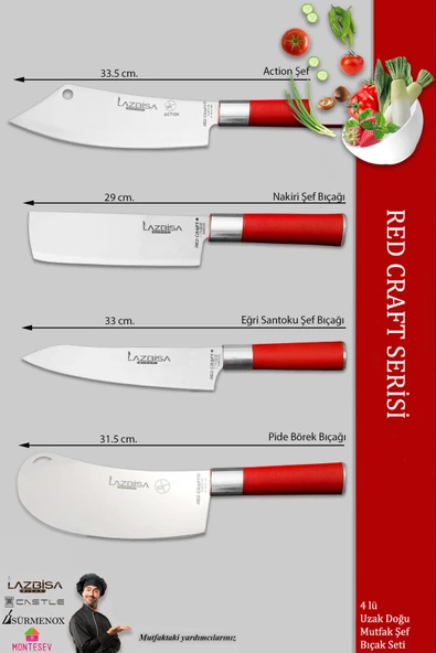 LAZBİSA Red Craft Serisi Mutfak Şef Bıçak Seti Et Ekmek Sebze Şef Bıçağı 4 Lü Set Günlük Kullanım (MFT-271) - 2