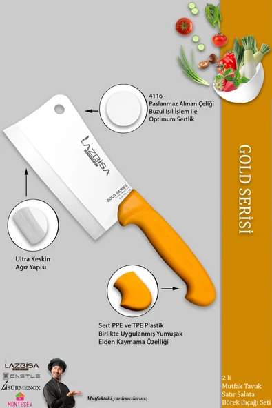 LAZBİSA Gold Serisi Pide Börek Mutfak Bıçağı Salata Pizza Bıçak Kıyma Satırı Doğrama 2 Li Set ( Mft-012 ) - 3