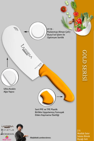 LAZBİSA Gold Serisi Pide Börek Mutfak Bıçağı Salata Pizza Bıçak Kıyma Et Kemik Satırı 2 Li Set ( Mft-032 ) - 3