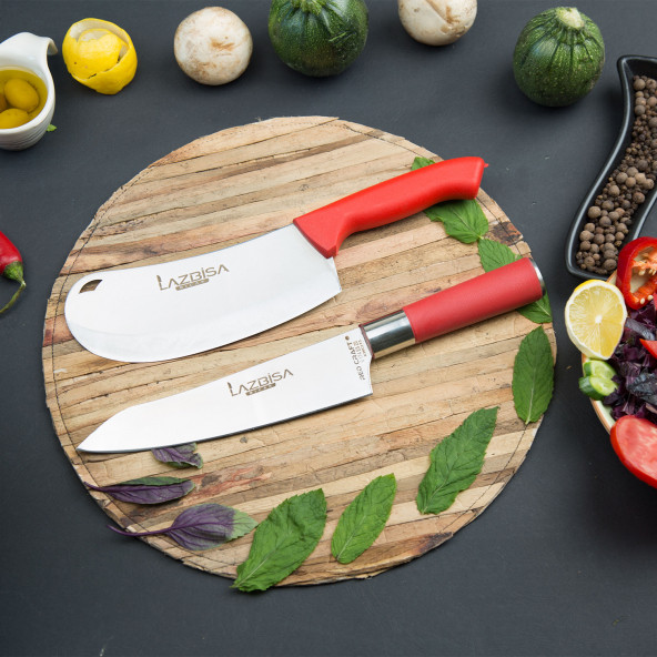 LAZBİSA Mutfak Bıçak Seti Et Kıyma Sebze Börek Pizza Soğan Satırı Şef Bıçak Santaku 2Li Set