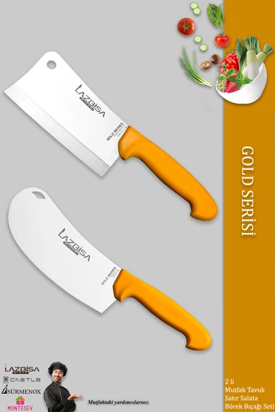 LAZBİSA Gold Serisi Pide Börek Mutfak Bıçağı Salata Pizza Bıçak Kıyma Satırı Doğrama 2 Li Set ( Mft-012 )
