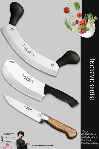 LAZBİSA İncisive Serisi Mutfak Bıçak Seti Et Ekmek Sebze Pizza Börek Kıyma Bıçağı 3 Lü Set ( Mtf-763)