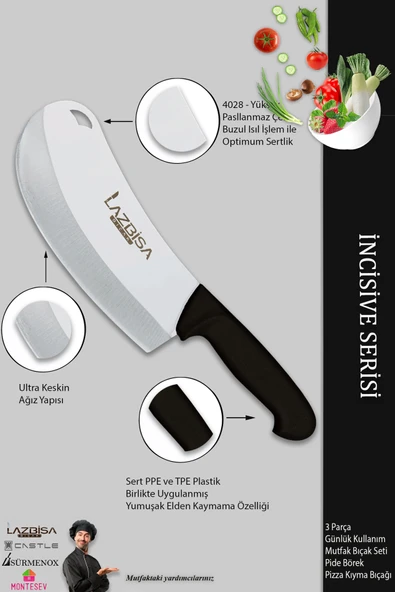 LAZBİSA İncisive Serisi Mutfak Bıçak Seti Et Ekmek Sebze Pizza Börek Kıyma Bıçağı 3 Lü Set ( Mtf-763) - 3