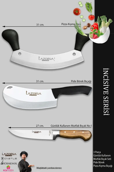 LAZBİSA İncisive Serisi Mutfak Bıçak Seti Et Ekmek Sebze Pizza Börek Kıyma Bıçağı 3 Lü Set ( Mtf-763) - 2