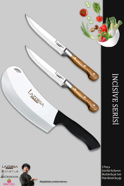 LAZBİSA İncisive Serisi Mutfak Bıçak Seti Et Ekmek Sebze Pizza Pide Salata Bıçağı 3 Lü Set ( Mtf-457)