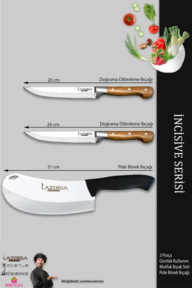 LAZBİSA İncisive Serisi Mutfak Bıçak Seti Et Ekmek Sebze Pizza Pide Salata Bıçağı 3 Lü Set ( Mtf-457) - 2