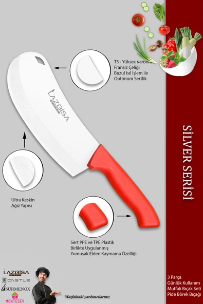 LAZBİSA Silver Serisi Mutfak Bıçak Seti Et Ekmek Sebze Pizza Börek Pide Salata 3 Lü Set ( Mft-8657) - Resim 3