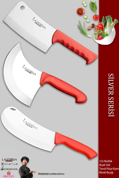 LAZBİSA Silver Serisi Mutfak Bıçak Börek Bıçağı Pizza Pide Bıçağı Kıyma Bıçağı Satırı 3 Lü Set ( Mft-927)