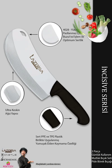 LAZBİSA İncisive Serisi Mutfak Bıçak Seti Et Ekmek Sebze Pizza Pide Salata Bıçağı 3 Lü Set ( Mtf-457) - 3
