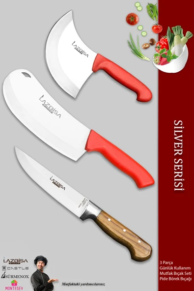 LAZBİSA Silver Serisi Mutfak Bıçak Seti Et Ekmek Sebze Pizza Börek Pide Salata 3 Lü Set ( Mft-8657) ürün görseli 1