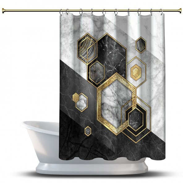 Banyo Duş Perdesi Tasarım Dekor Siyah Sarı Geometrik Altıgen Şekil Dijital Baskılı En 175 cm