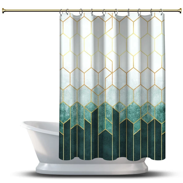 Banyo Duş Perdesi Tasarım Dekor Yeşil Bej Sarı Altıgen Geometrik Dijital Baskılı En 175 cm