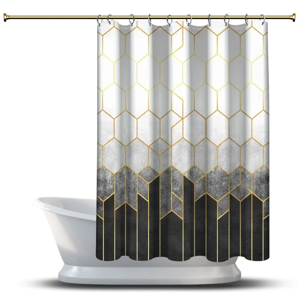 Banyo Duş Perdesi Tasarım Dekor Siyah Bej Sarı Altıgen Geometrik Dijital Baskılı En 175 cm