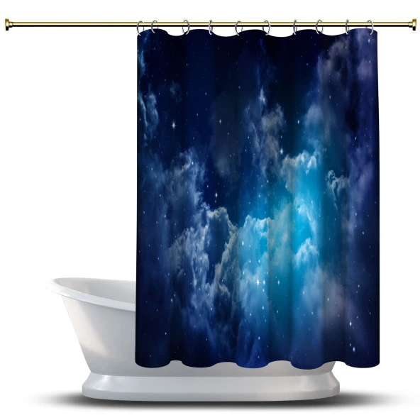 Banyo Duş Perdesi Tasarım Dekor Bulutsu Yıldızlarla Mavi Gece Dijital Baskılı En 175 cm