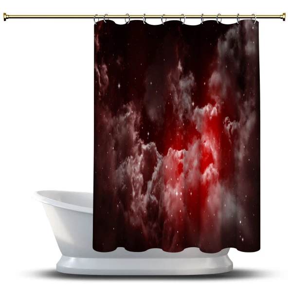 Banyo Duş Perdesi Tasarım Dekor Bulutsu Yıldızlarla Bordo Gökyüzü Dijital Baskılı En 175 cm