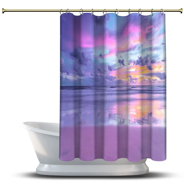Banyo Duş Perdesi Tasarım Dekor Lila Sahil Pamuk Şeker Gün Doğumu Dijital Baskılı En 175 cm