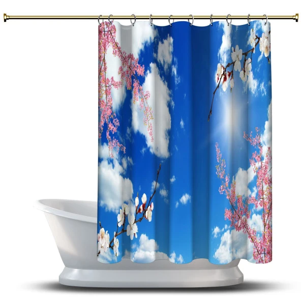 Banyo Duş Perdesi Tasarım Dekor 3D Gökyüzü Çıtır Güzel Çiçekler Dijital Baskılı En 175 cm