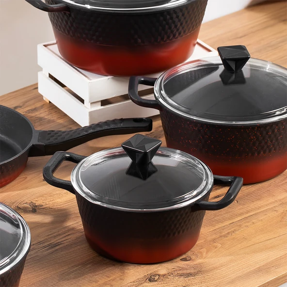 Lines L-5087 Titanyum Döküm Tencere Seti 9 Parça Siyah Kızıl Geçişli - Resim 2