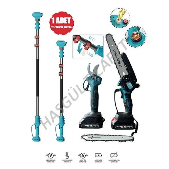 Hsgl  Style Tera Teleskopik Uzatmalı Çift Akülü 36v 5000 Mah 2.5 Metre Yağlı Budama Testere Ve Makas Seti OO-CS2103 Bahce Bağ Ağac Budama set - 2