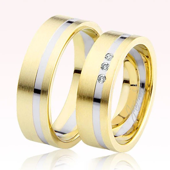 Sarı Beyaz Şeritli Altın Alyans 2504-2 ürün görseli 1