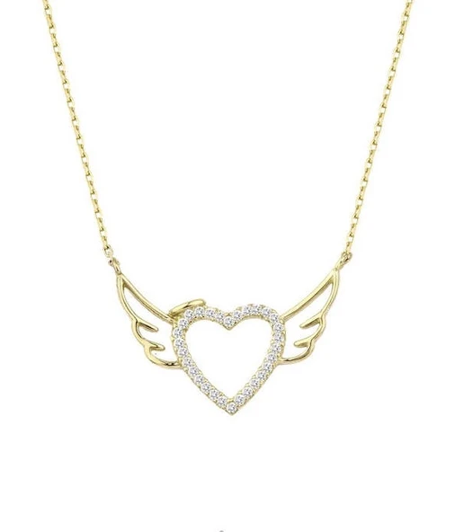 Melek Kanadı Kalpli Gümüş Sarı Kolye GMS1854 ürün görseli